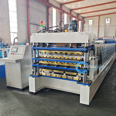 PLC Control Hydraulic Cutting Tr4 Tr5 Corrugated Three Layer Roofing Sheet Machine For Peru