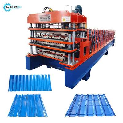 Space-saving three-layer color steel tile roll forming machine