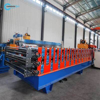 Space-saving three-layer color steel tile roll forming machine