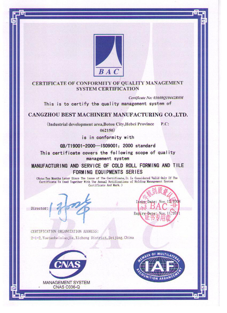 China Cangzhou Best Machinery Co., Ltd Certification